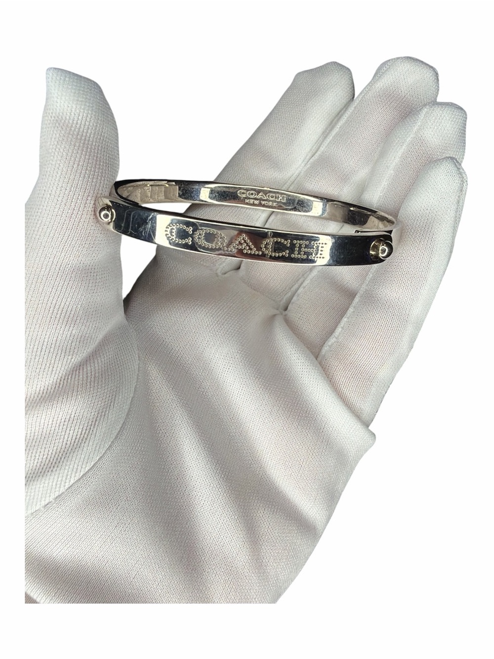 Coach Silver Tone Logo Bangle Bracelet Slip-On Rigid Cuff Style